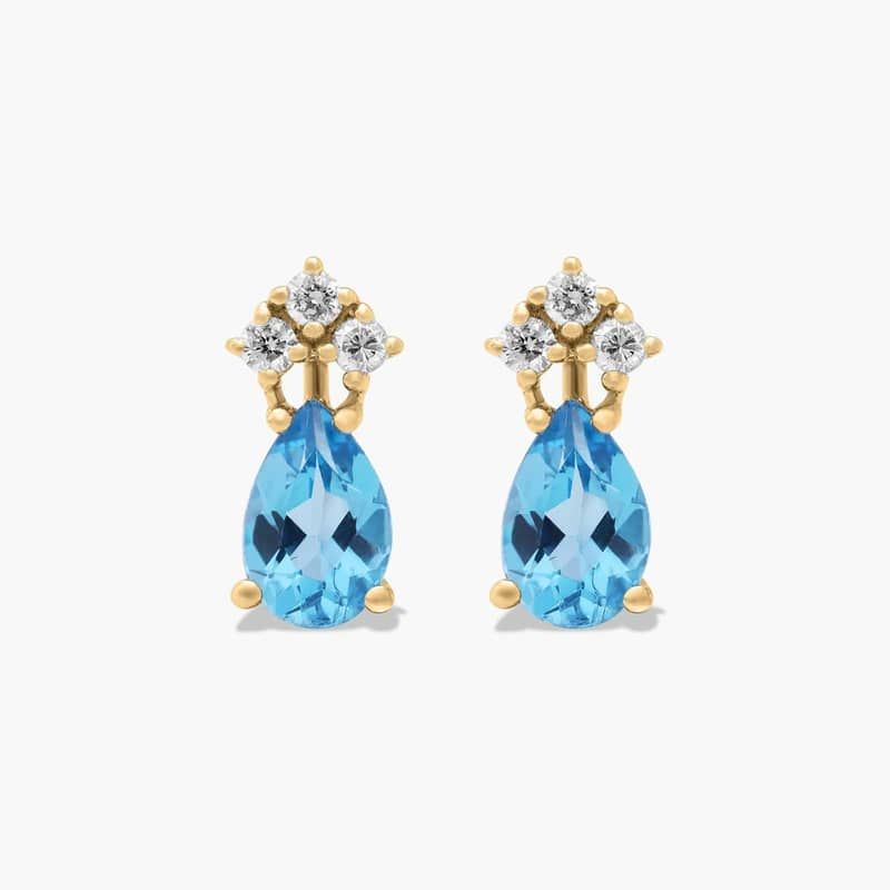 Pear Shape Swiss Blue Topaz And Tri-Diamond Stud Earrings In 14K Yellow Gold