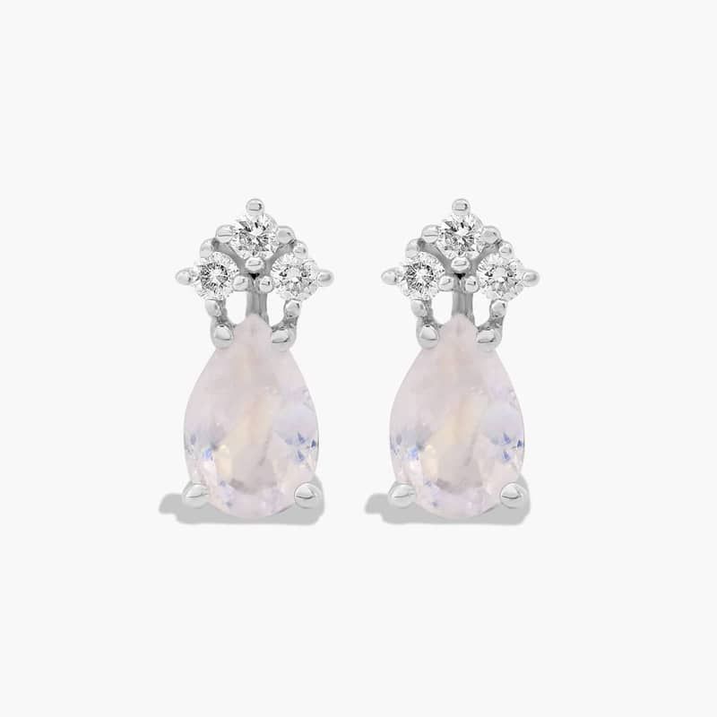 Pear Shape Rainbow Moonstone And Tri-Diamond Stud Earrings In 14K White Gold