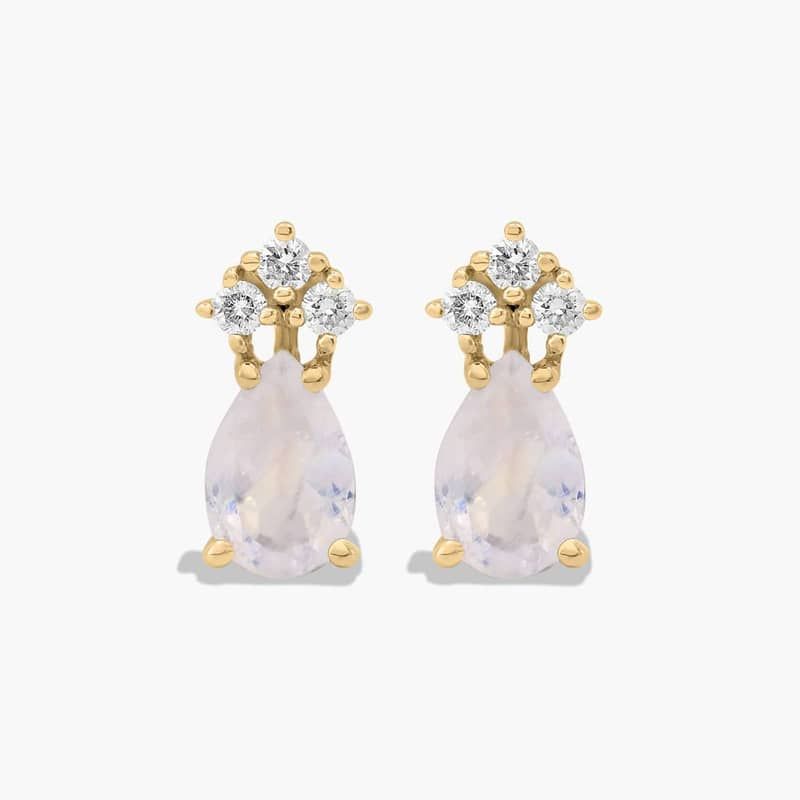 Pear Shape Rainbow Moonstone And Tri-Diamond Stud Earrings In 14K Yellow Gold
