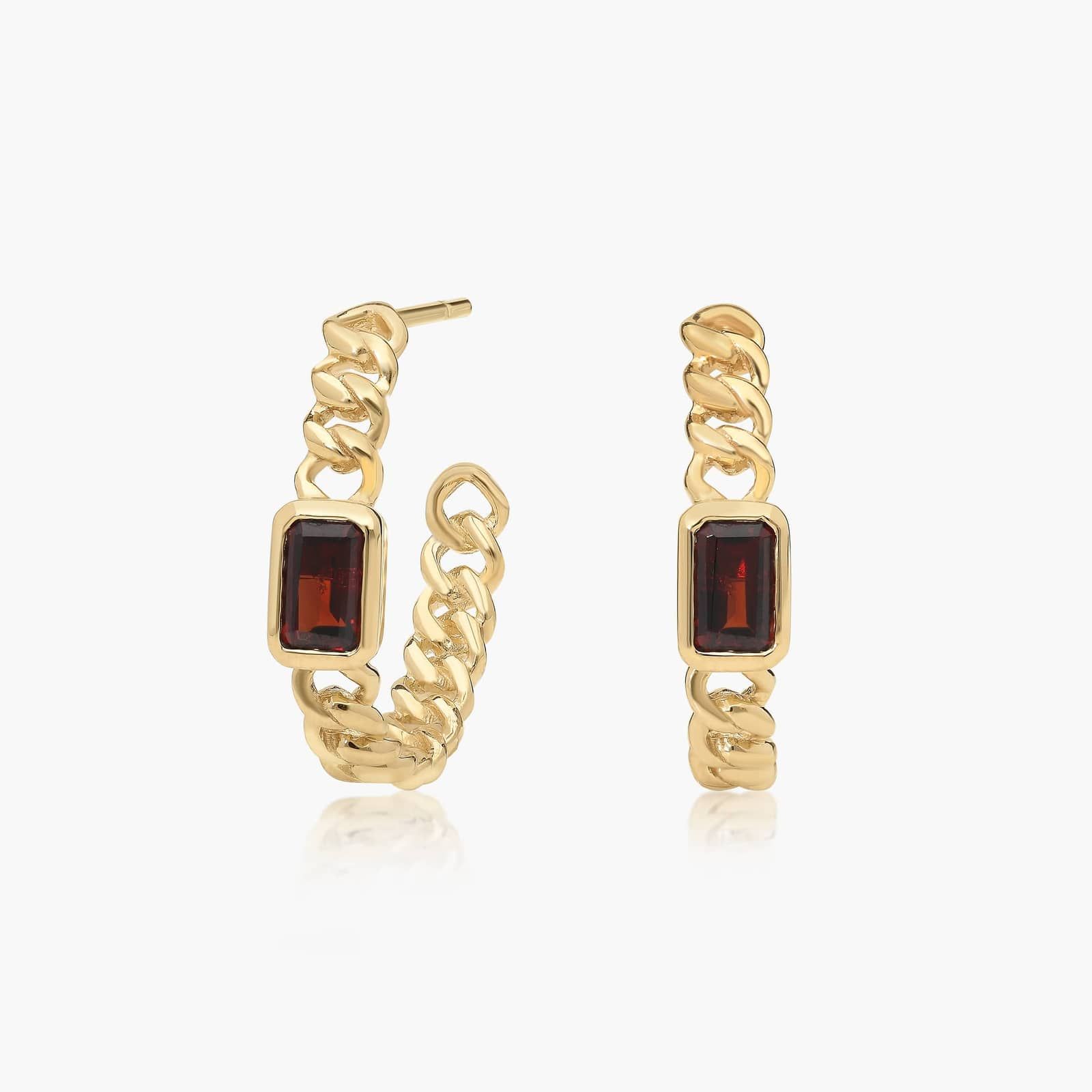 Radiant Reflections Garnet Curb Chain Hoop Earrings In 14K Yellow Gold