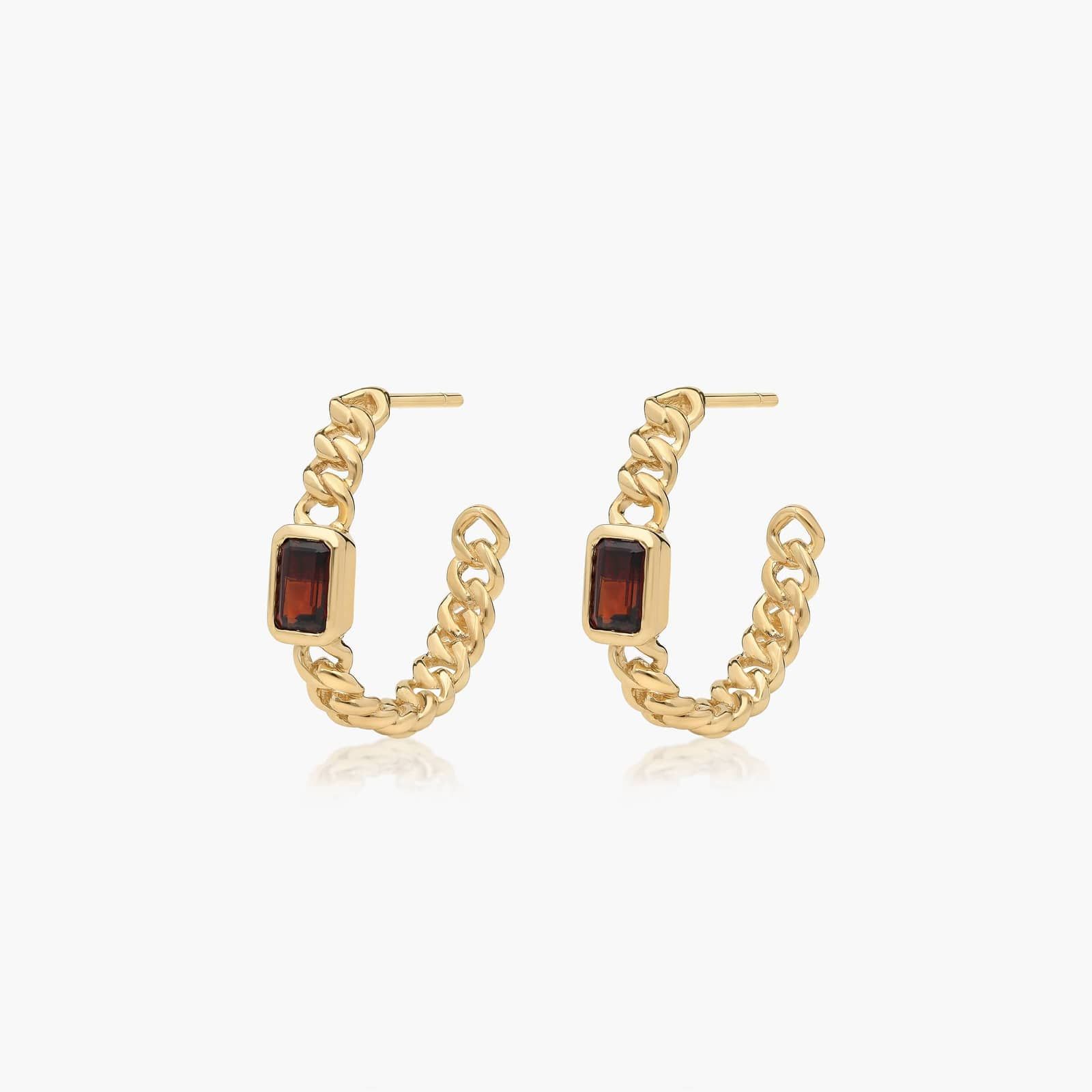 Radiant Reflections Garnet Curb Chain Hoop Earrings In 14K Yellow Gold