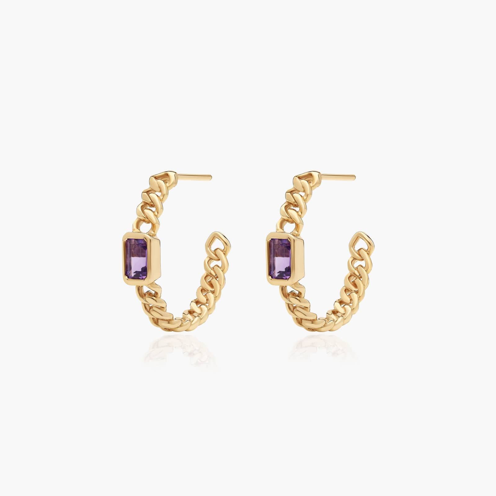 Radiant Reflections Amethyst Curb Chain Hoop Earrings In 14K Yellow Gold