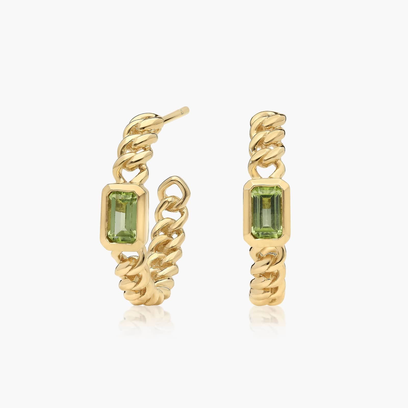 Radiant Reflections Peridot Curb Chain Hoop Earrings In 14K Yellow Gold
