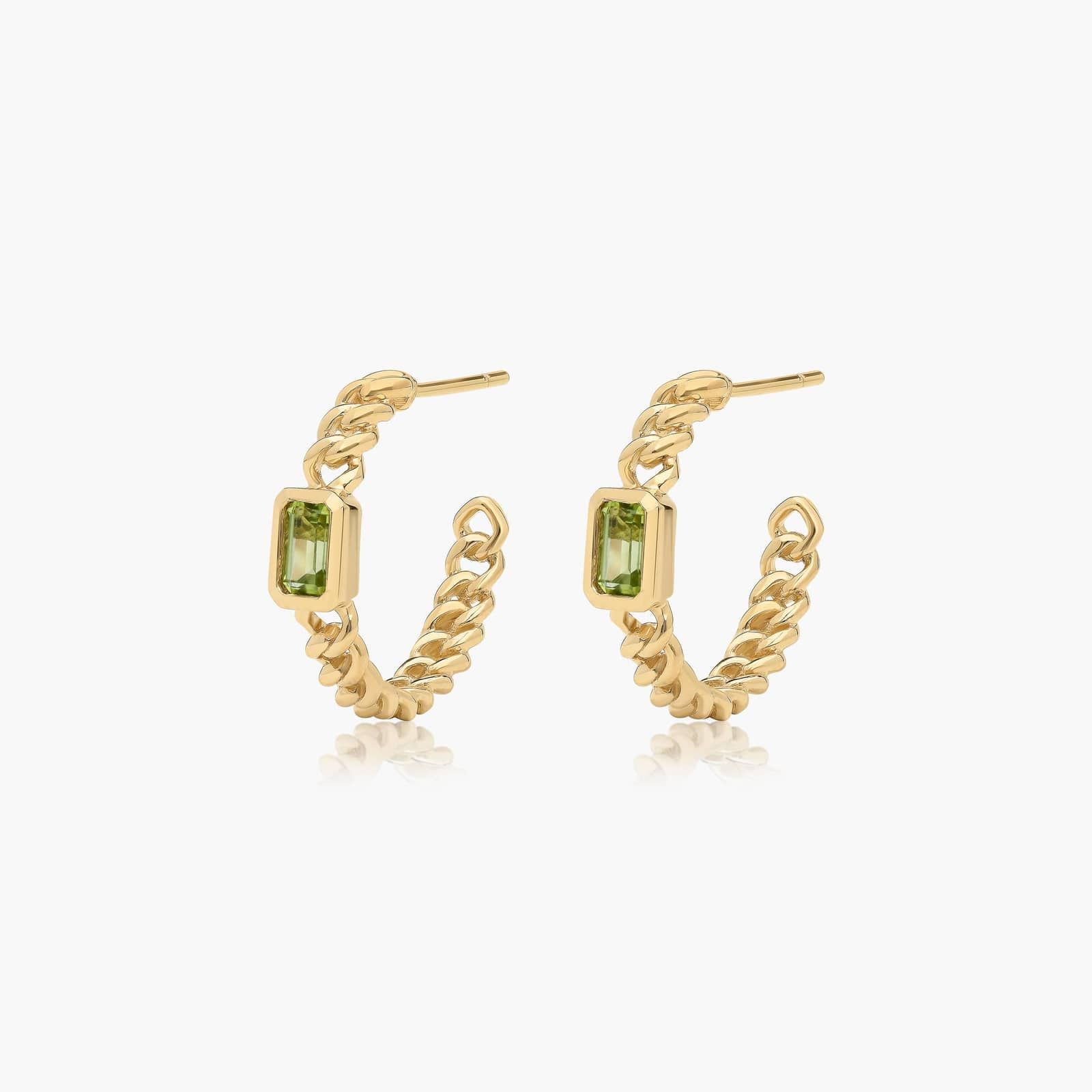 Radiant Reflections Peridot Curb Chain Hoop Earrings In 14K Yellow Gold