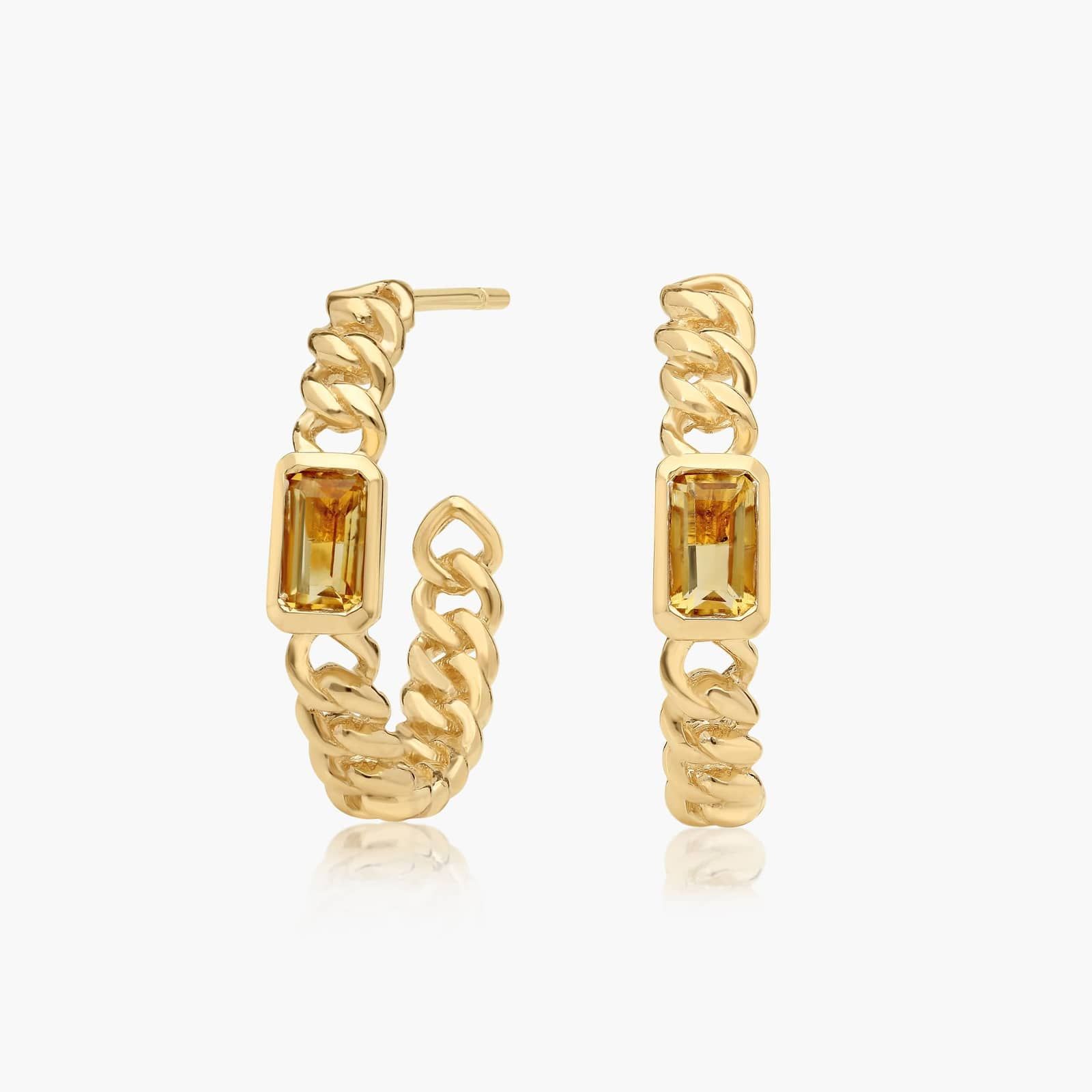 Radiant Reflections Citrine Curb Chain Hoop Earrings In 14K Yellow Gold