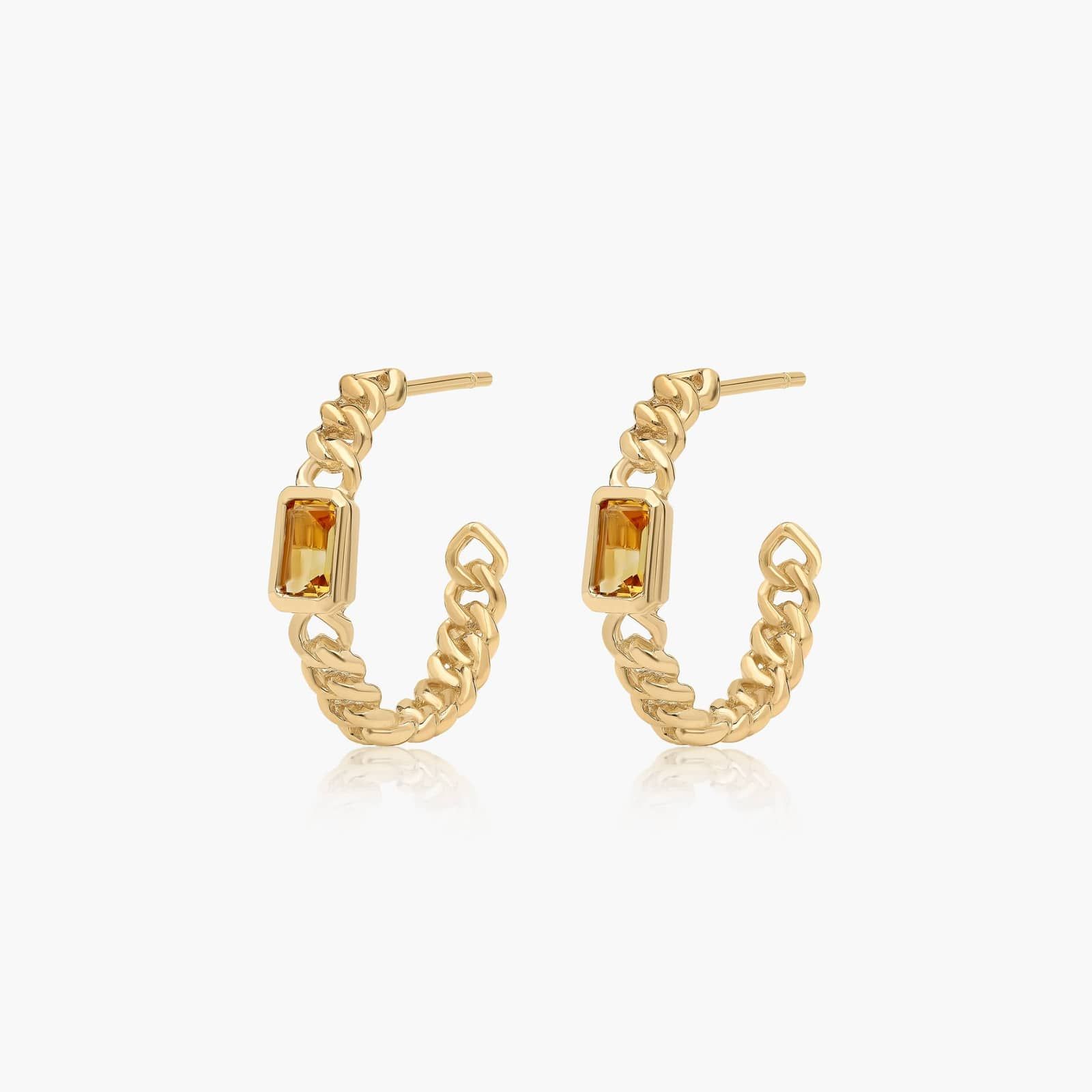 Radiant Reflections Citrine Curb Chain Hoop Earrings In 14K Yellow Gold