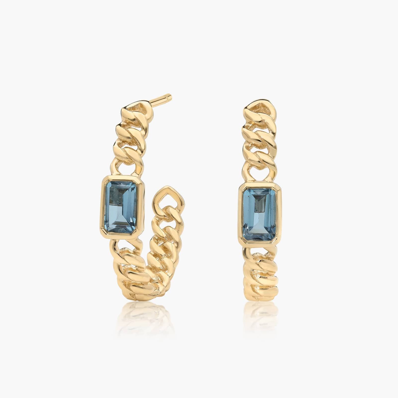 Radiant Reflections Blue Topaz Curb Chain Hoop Earrings In 14K Yellow Gold