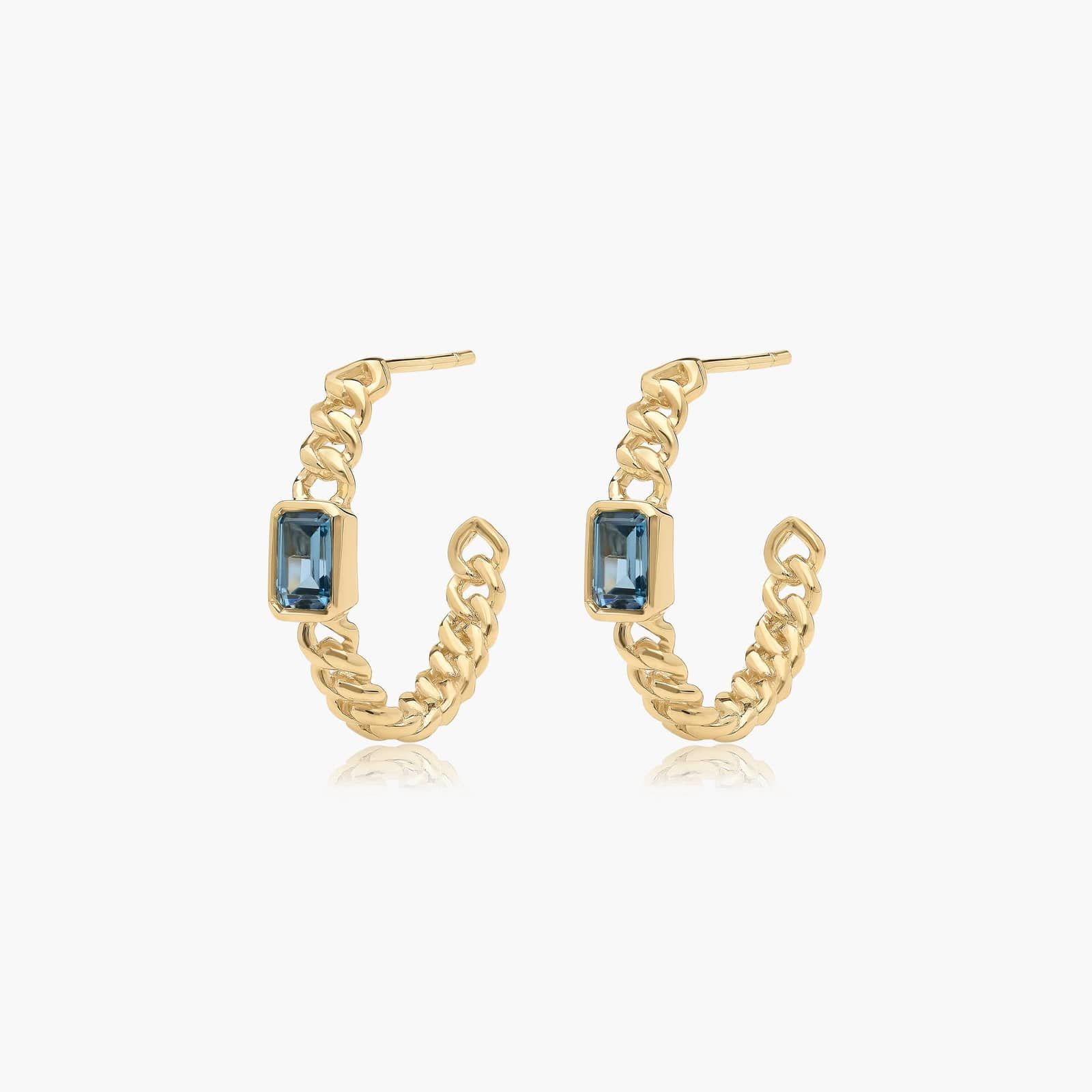 Radiant Reflections Blue Topaz Curb Chain Hoop Earrings In 14K Yellow Gold