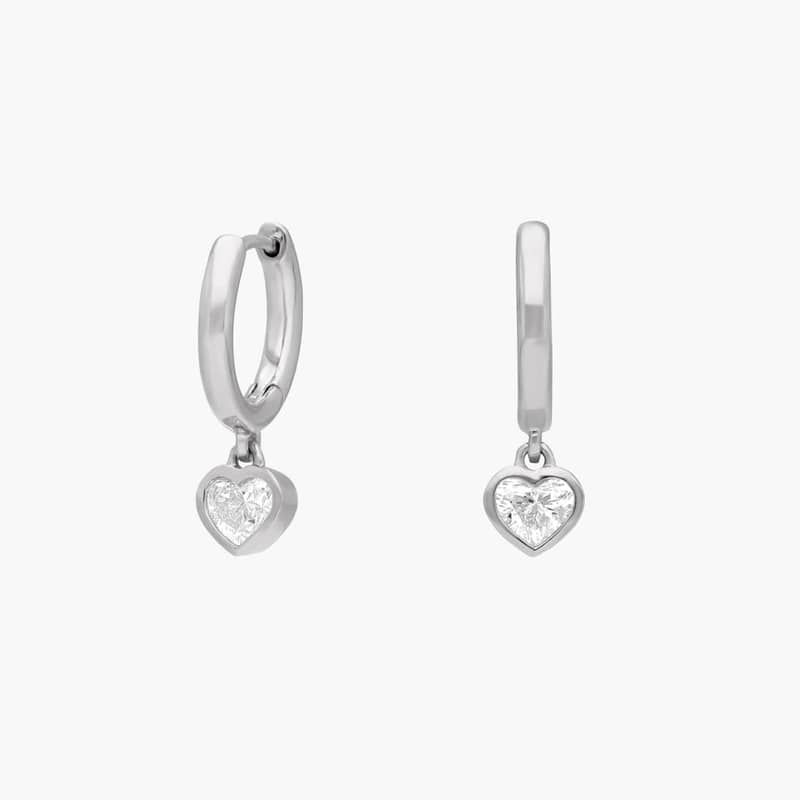 Heart Diamond Bezel Drop Huggie Earrings in 14K White Gold
