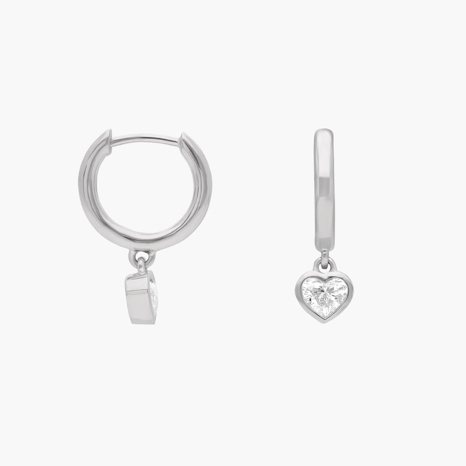 Heart Diamond Bezel Drop Huggie Earrings in 14K White Gold