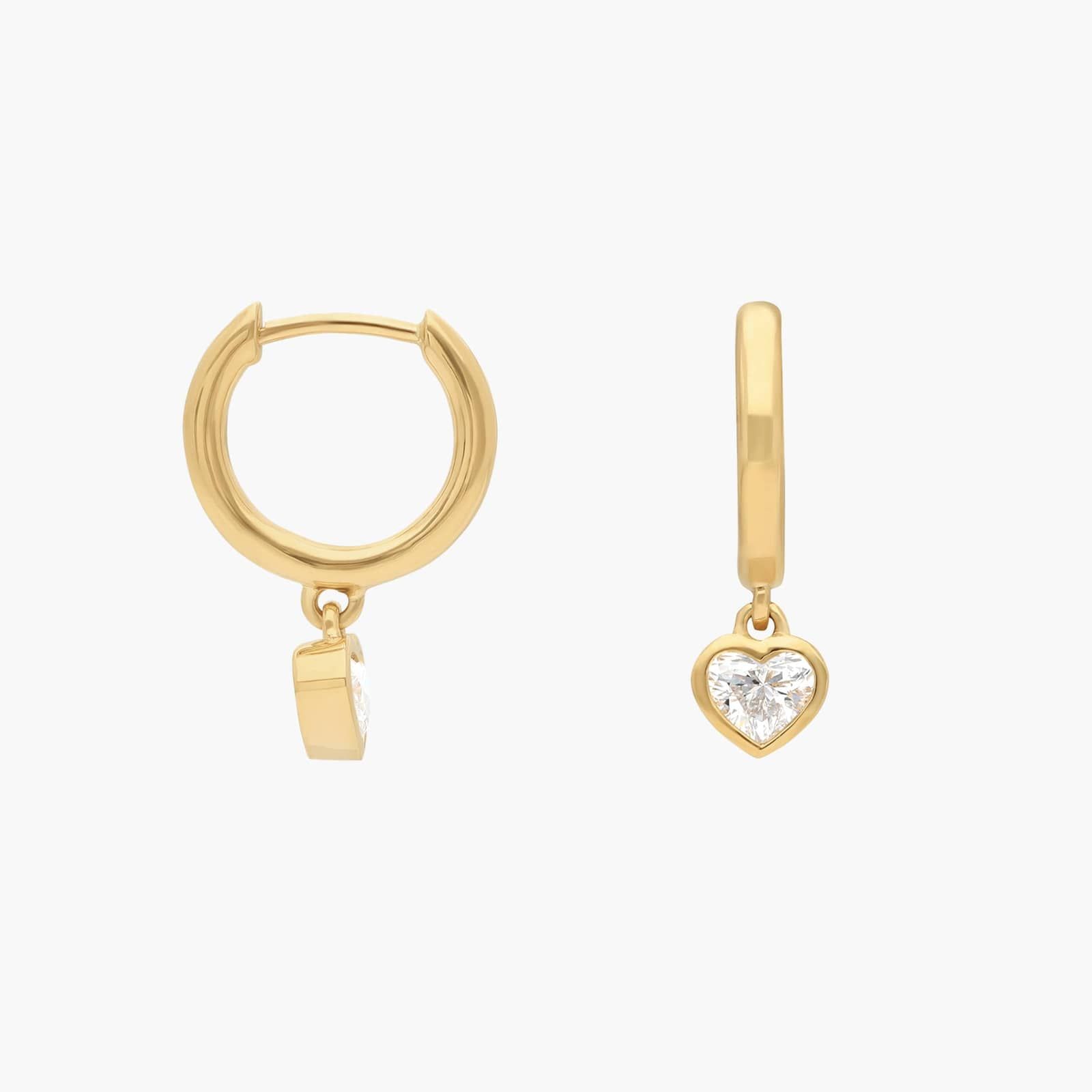 Heart Diamond Bezel Drop Huggie Earrings in 14K Yellow Gold