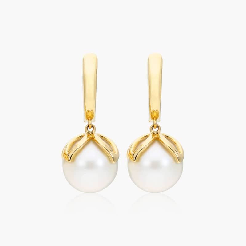 Cultured Freshwater Pearl Wire Leaf Earrings In 14K Yellow Gold (11-12 mm) By James Allen