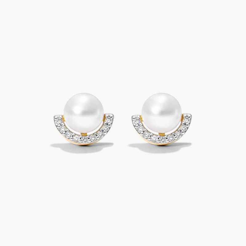 Cultured Akoya Pearl And Half Moon Diamond Stud Earrings In 14K Yellow Gold