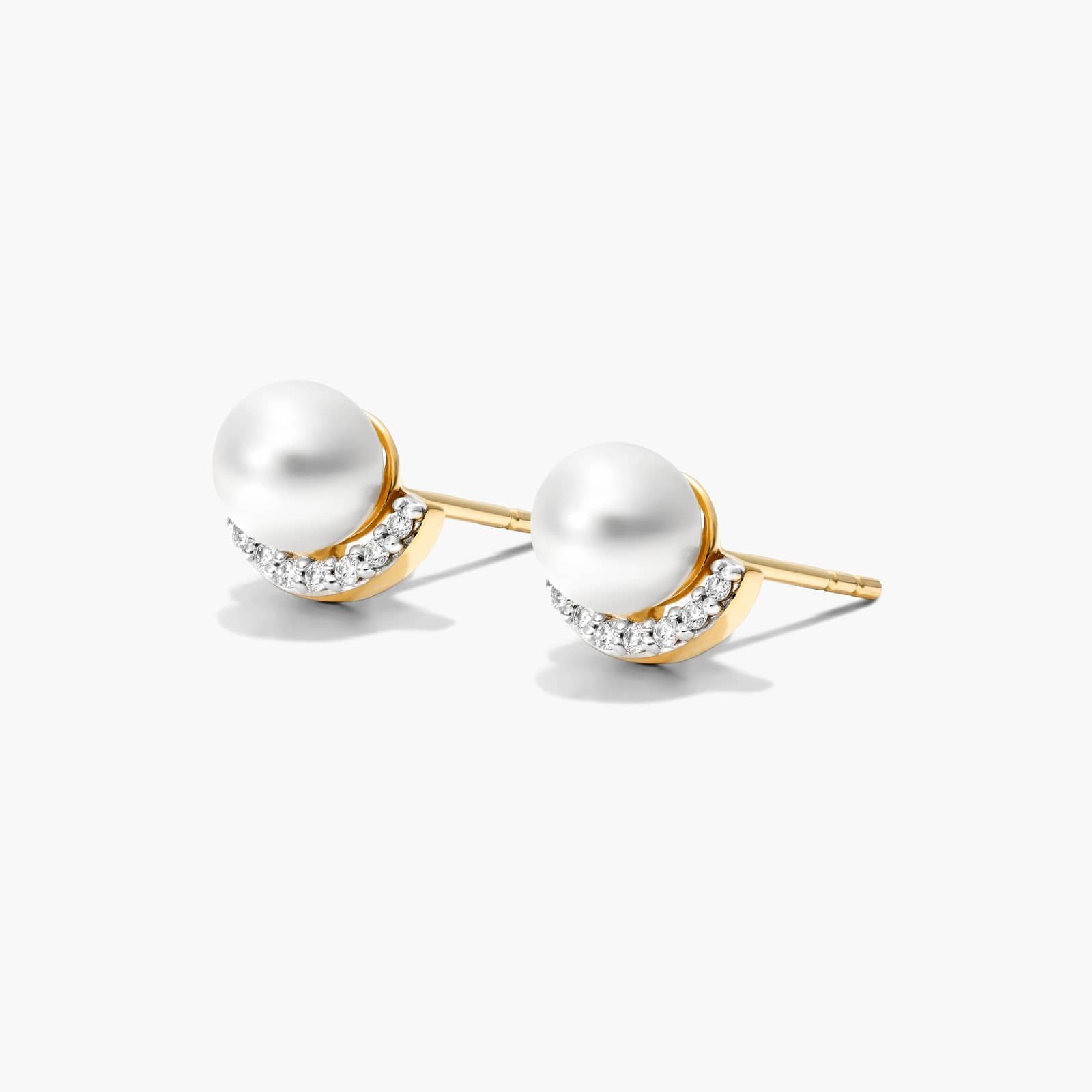 Cultured Akoya Pearl And Half Moon Diamond Stud Earrings In 14K Yellow Gold