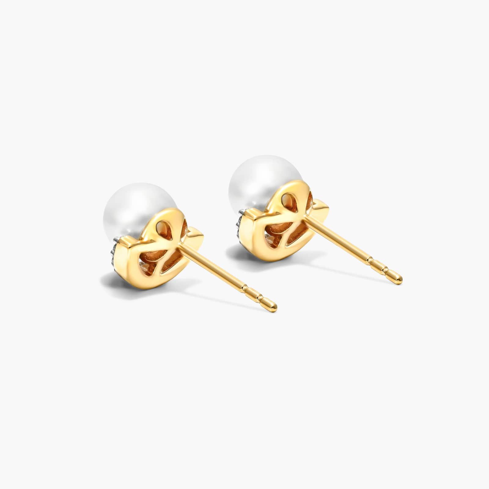 Cultured Akoya Pearl And Half Moon Diamond Stud Earrings In 14K Yellow Gold