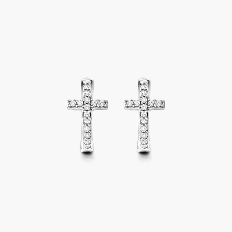 Cross Diamond Huggie Hoop Earrings In 14K White Gold By Brevani