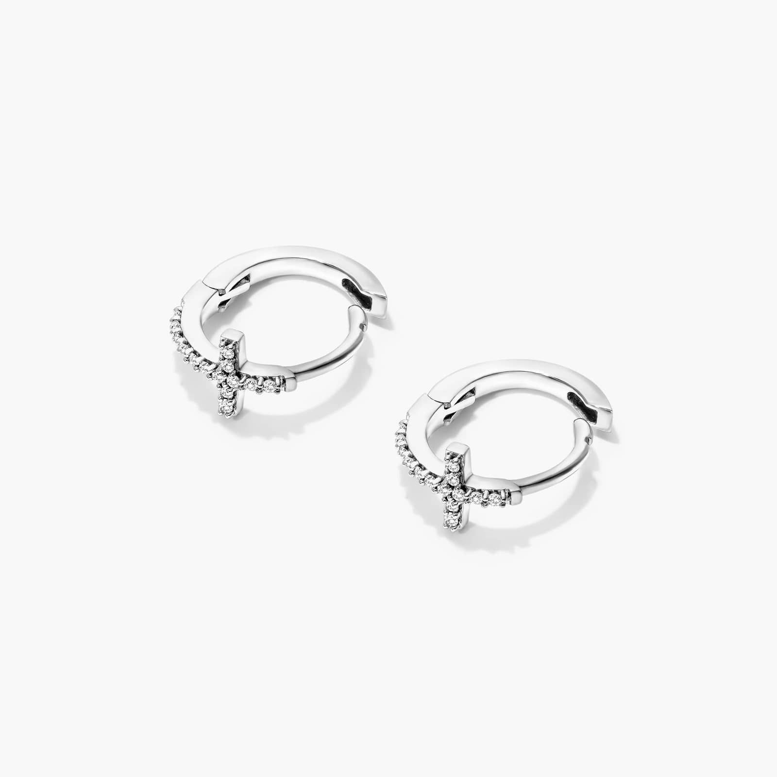 Cross Diamond Huggie Hoop Earrings In 14K White Gold By Brevani