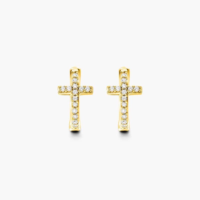 Cross Diamond Huggie Hoop Earrings In 14K Yellow Gold By Brevani