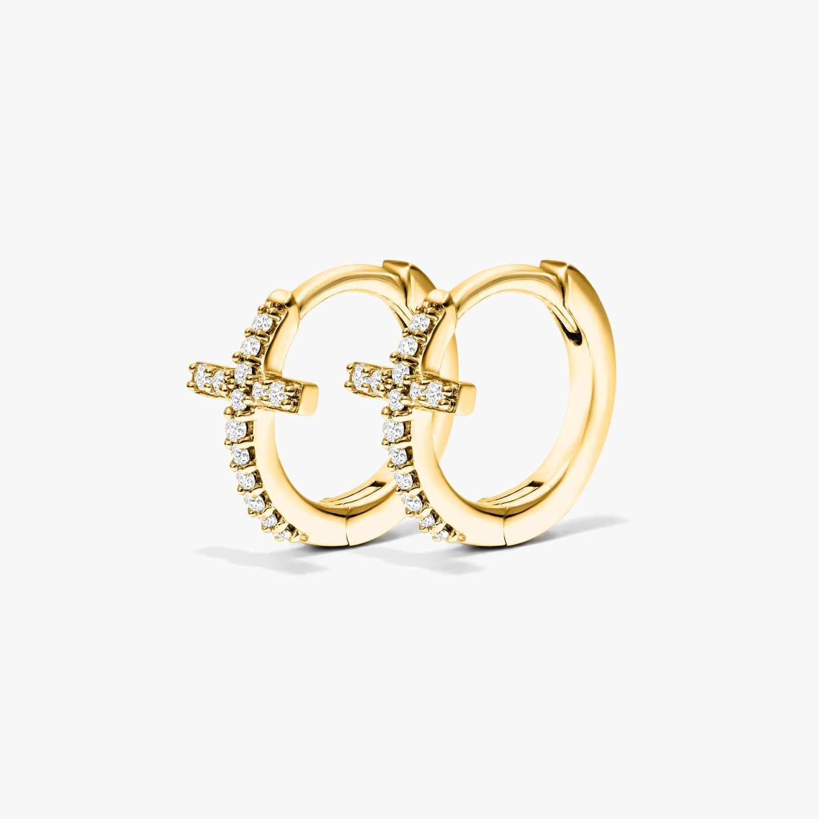 Cross Diamond Huggie Hoop Earrings In 14K Yellow Gold By Brevani