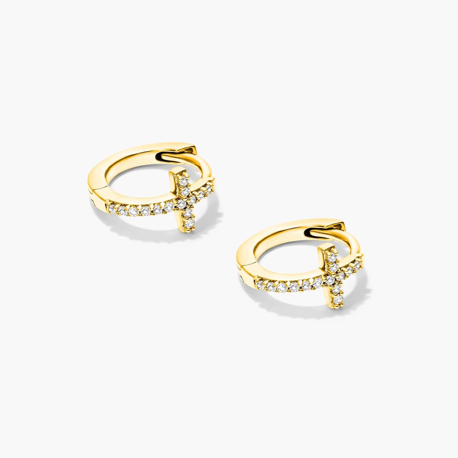 Cross Diamond Huggie Hoop Earrings In 14K Yellow Gold By Brevani