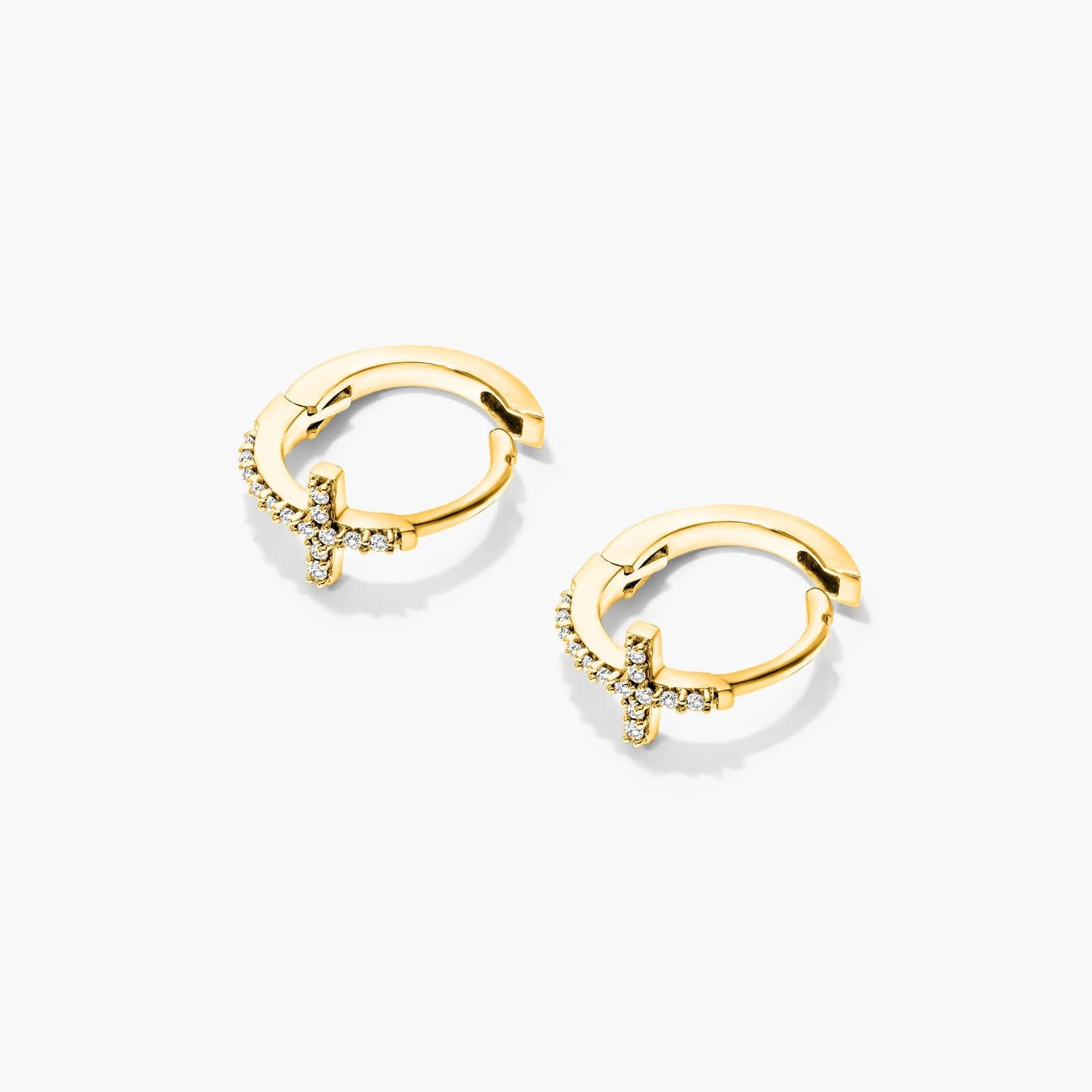 Cross Diamond Huggie Hoop Earrings In 14K Yellow Gold By Brevani