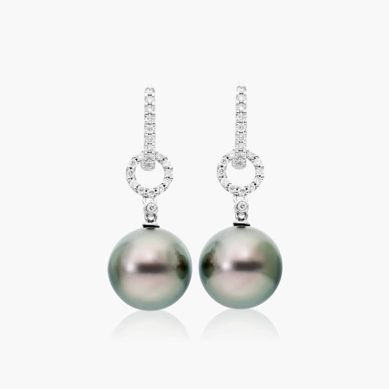 Cultured Tahitian Pearl And Diamond Link Drop Earrings In 18K White Gold (11.0-12.0mm) By James Allen