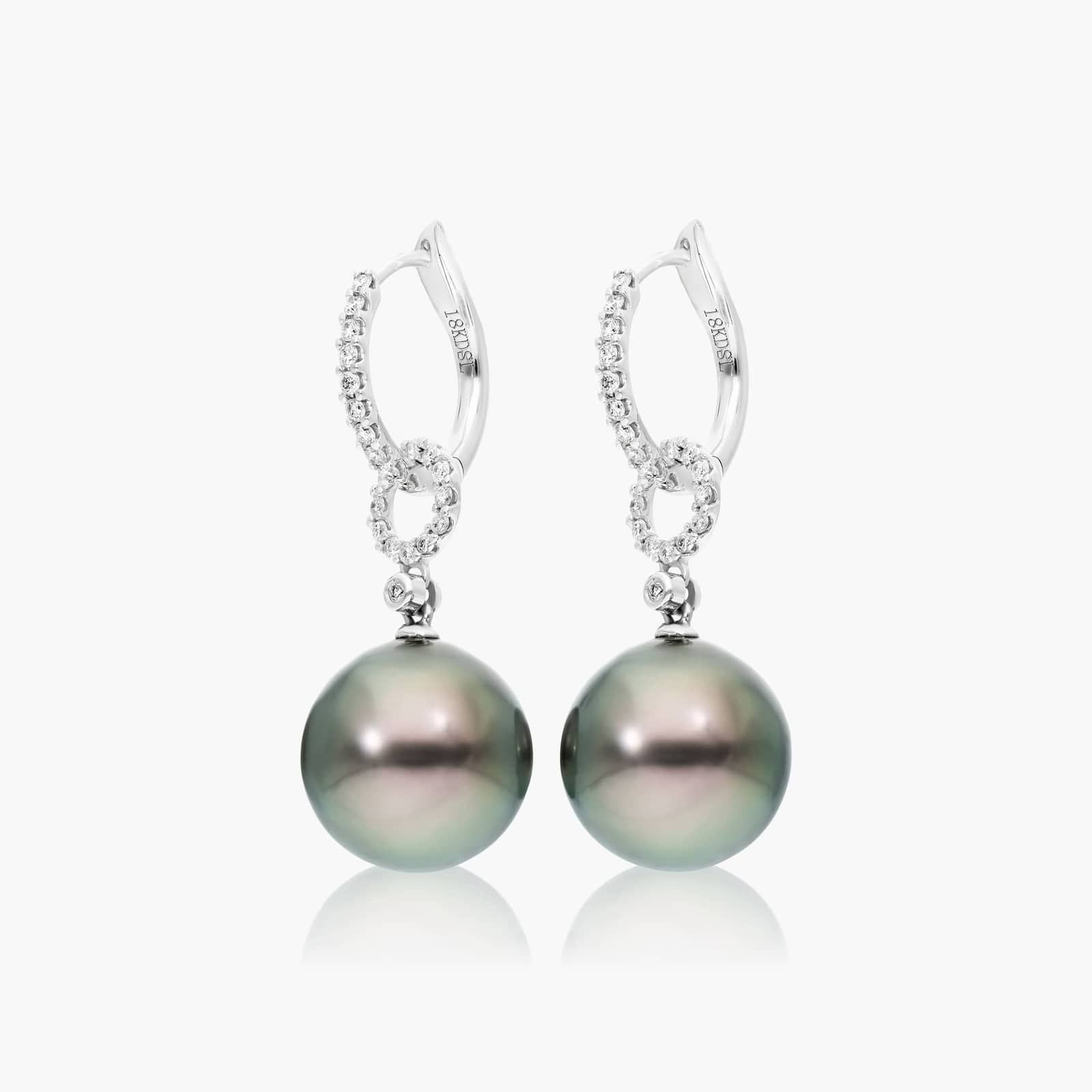 Cultured Tahitian Pearl And Diamond Link Drop Earrings In 18K White Gold (11.0-12.0mm) By James Allen