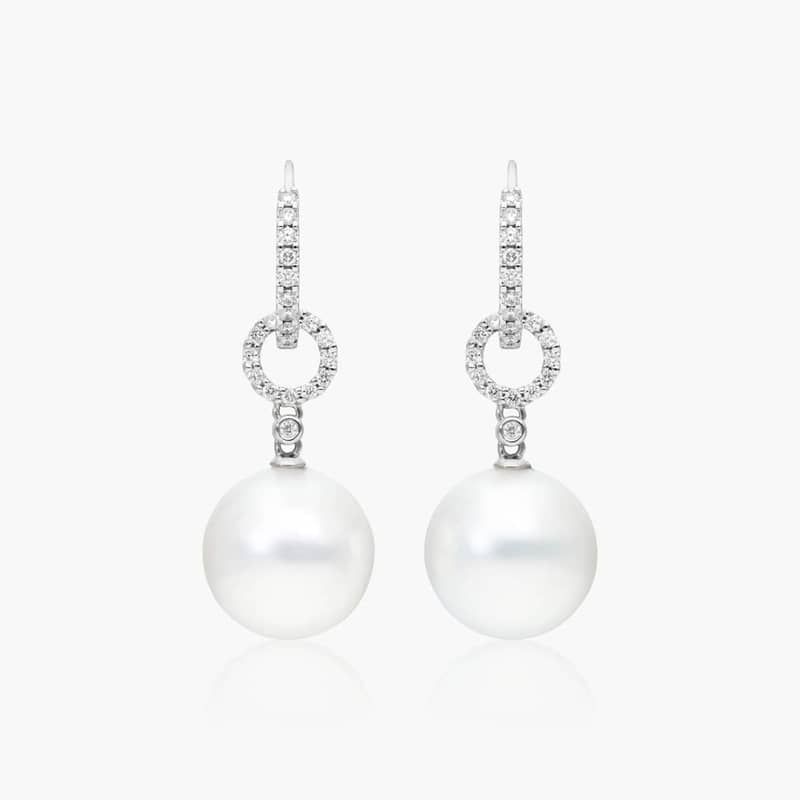 Cultured South Sea Pearl And Diamond Link Drop Earrings In 18K White Gold (11.0-12.0mm) By James Allen