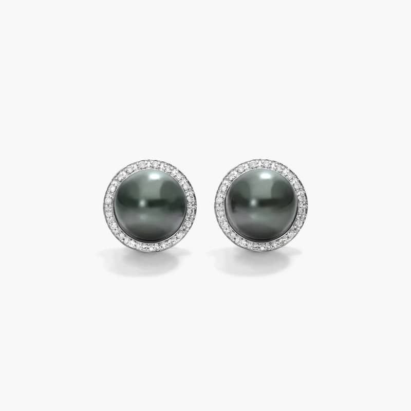 Cultured Tahitian Pearl And Diamond Halo Earrings In 14K White Gold (8.0-9.0mm) By James Allen