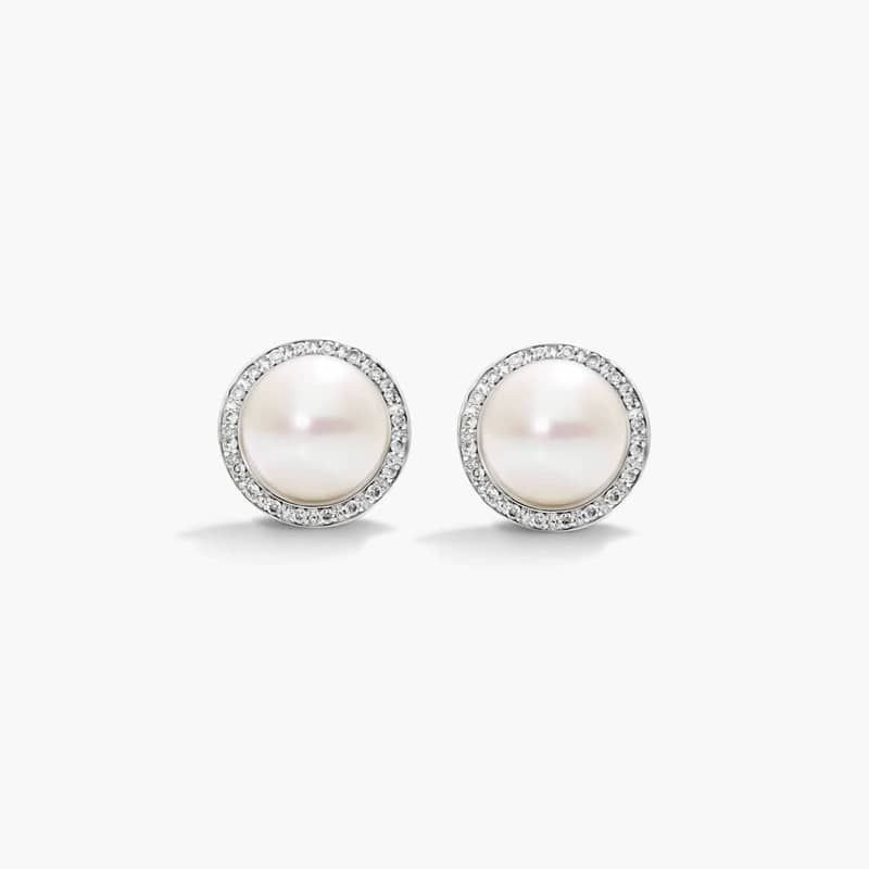 Cultured Freshwater Pearl And Diamond Halo Earrings In 14K White Gold (8.0-9.0mm) By James Allen