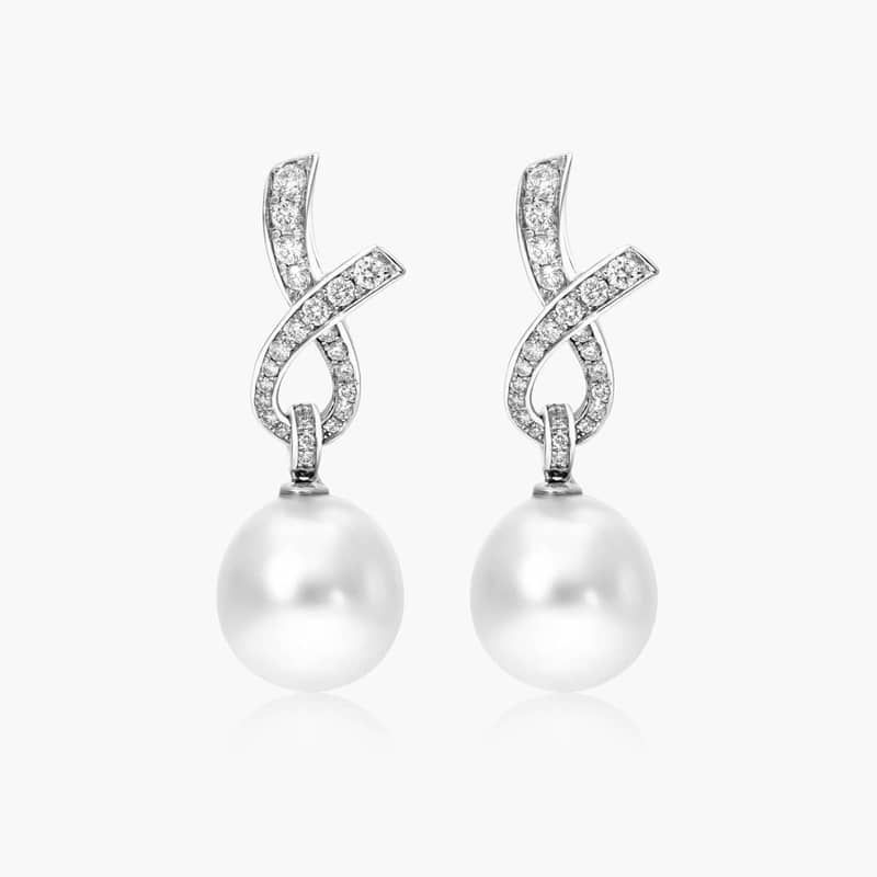 Cultured South Sea Pearl And Diamond Ribbon Earrings In 18K White Gold By James Allen