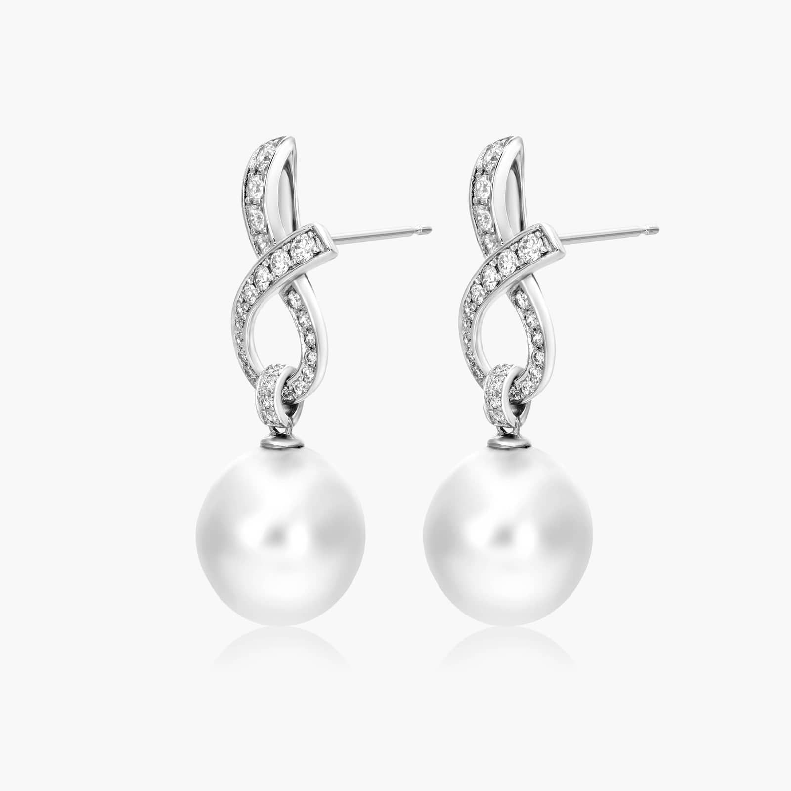 Cultured South Sea Pearl And Diamond Ribbon Earrings In 18K White Gold By James Allen