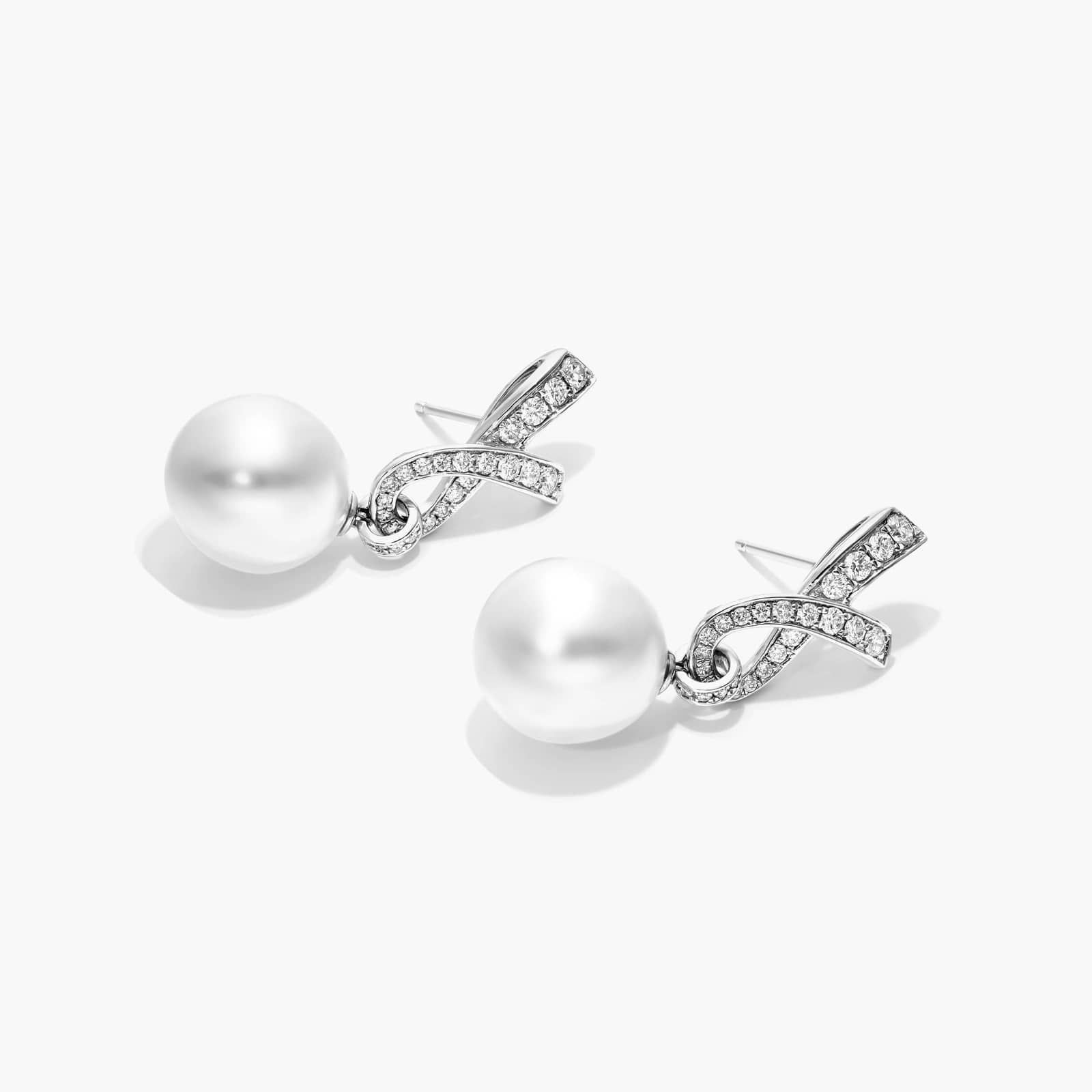 Cultured South Sea Pearl And Diamond Ribbon Earrings In 18K White Gold By James Allen