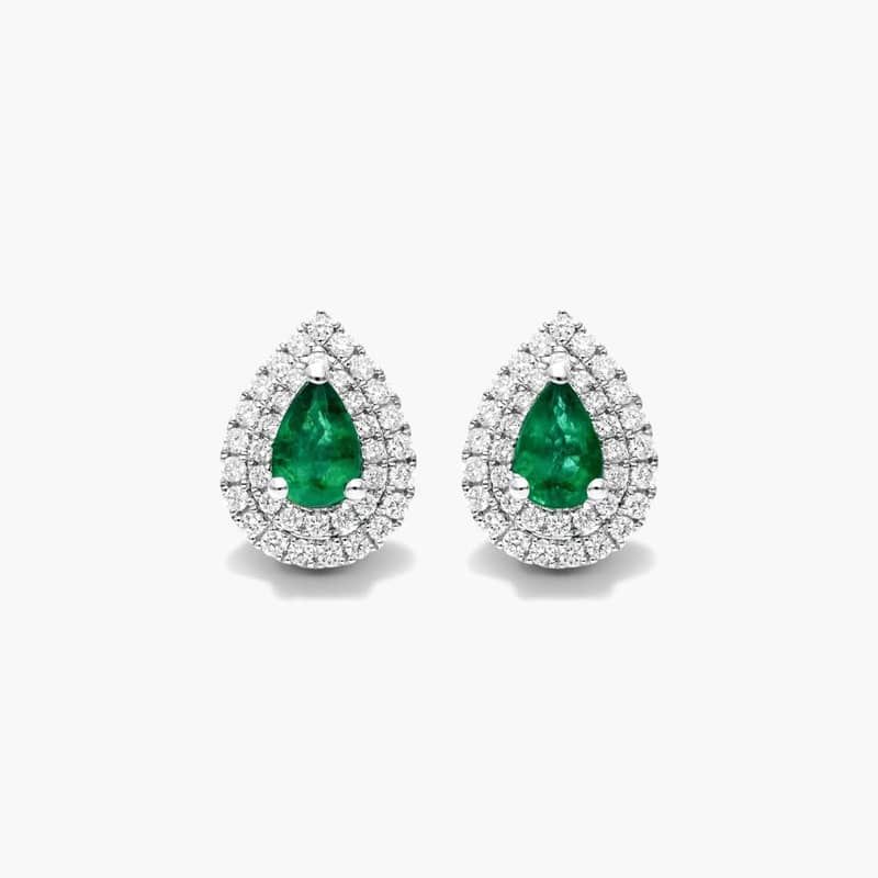 Pear Shape Emerald And Diamond Double Halo Earrings In 18K White Gold By James Allen