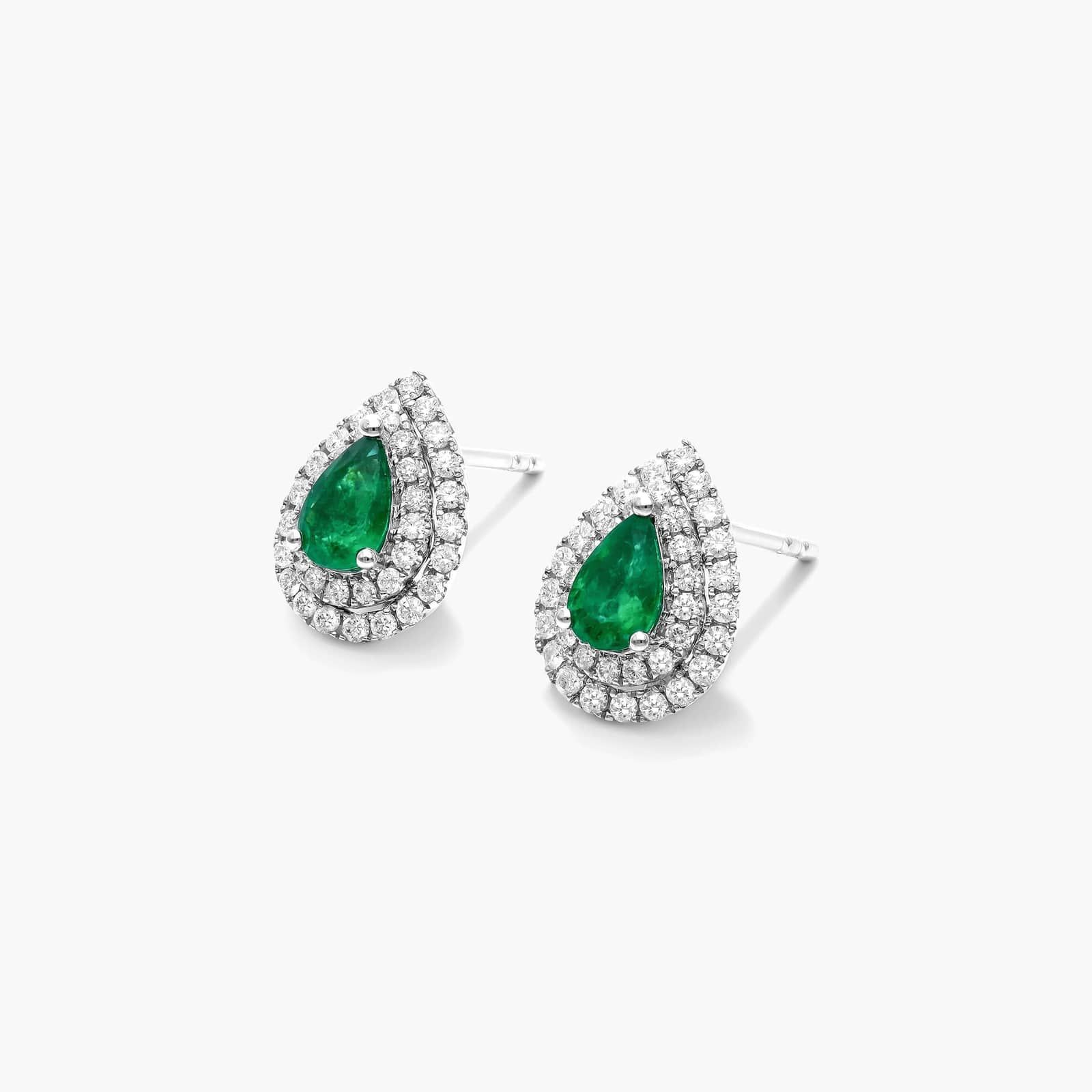 Pear Shape Emerald And Diamond Double Halo Earrings In 18K White Gold By James Allen