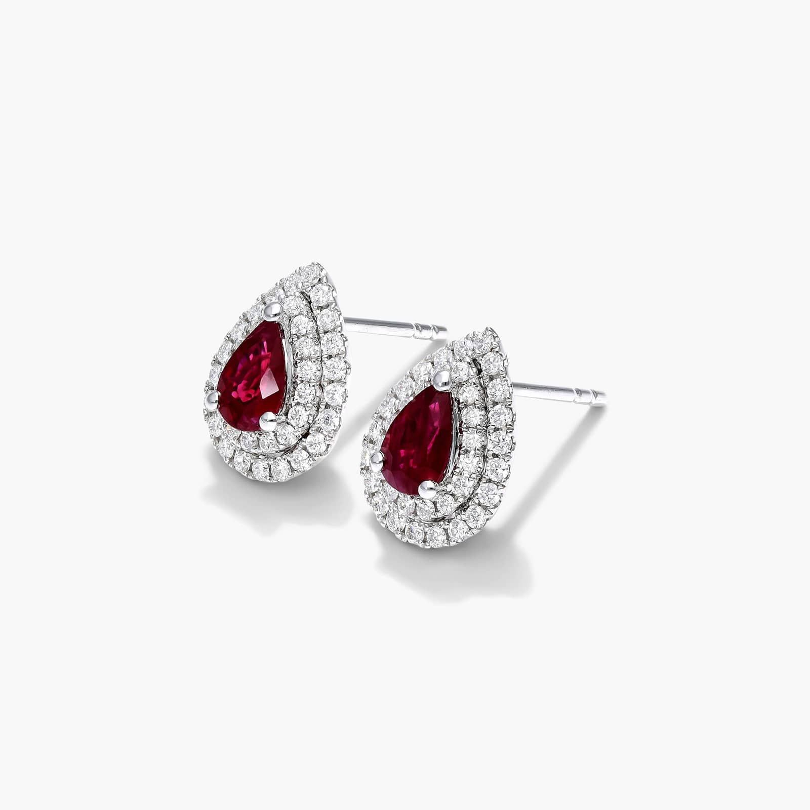 Pear Shape Ruby And Diamond Double Halo Earrings In 18K White Gold By James Allen