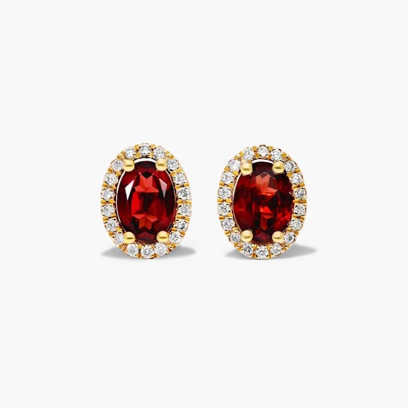 Oval Cut Garnet And Diamond Halo Stud Earrings In 14K Yellow Gold By James Allen