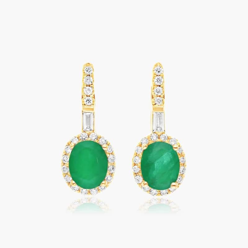 Petite Emerald And Diamond Halo Drop Earrings In 14K Yellow Gold By James Allen