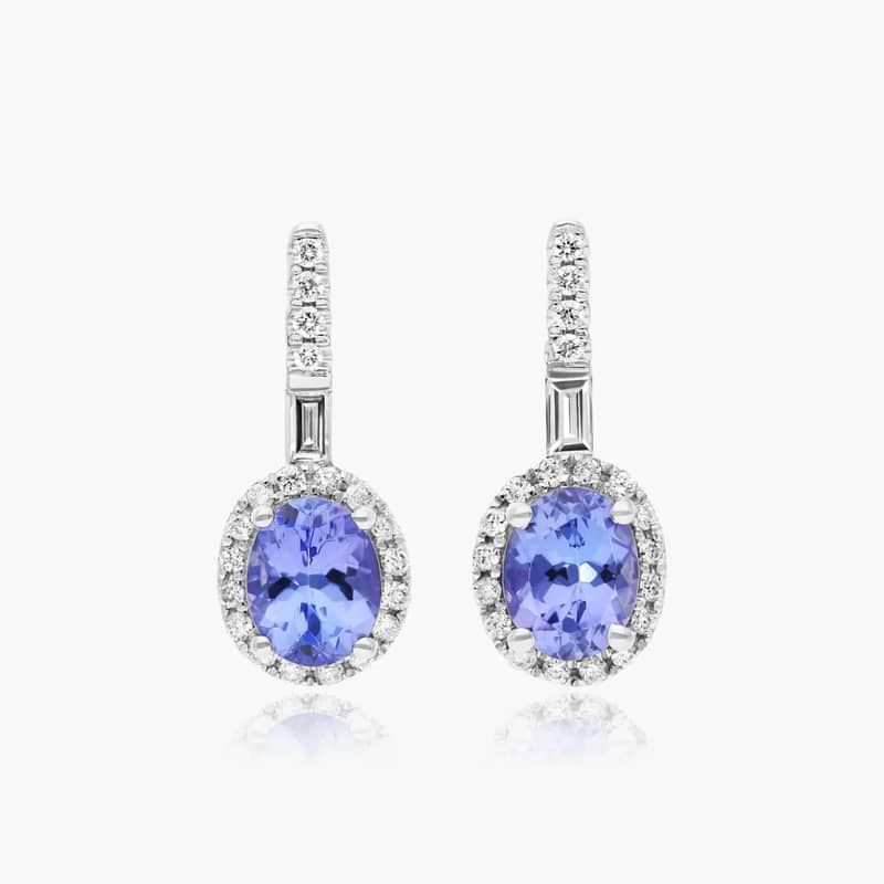 Petite Tanzanite And Diamond Halo Drop Earrings In 14K White Gold By James Allen