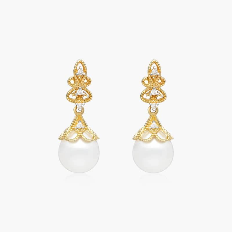Vintage Inspired Cultured Freshwater Pearl And Diamond Drop Earrings In 14K Yellow Gold (9.0-9.5mm) By James Allen