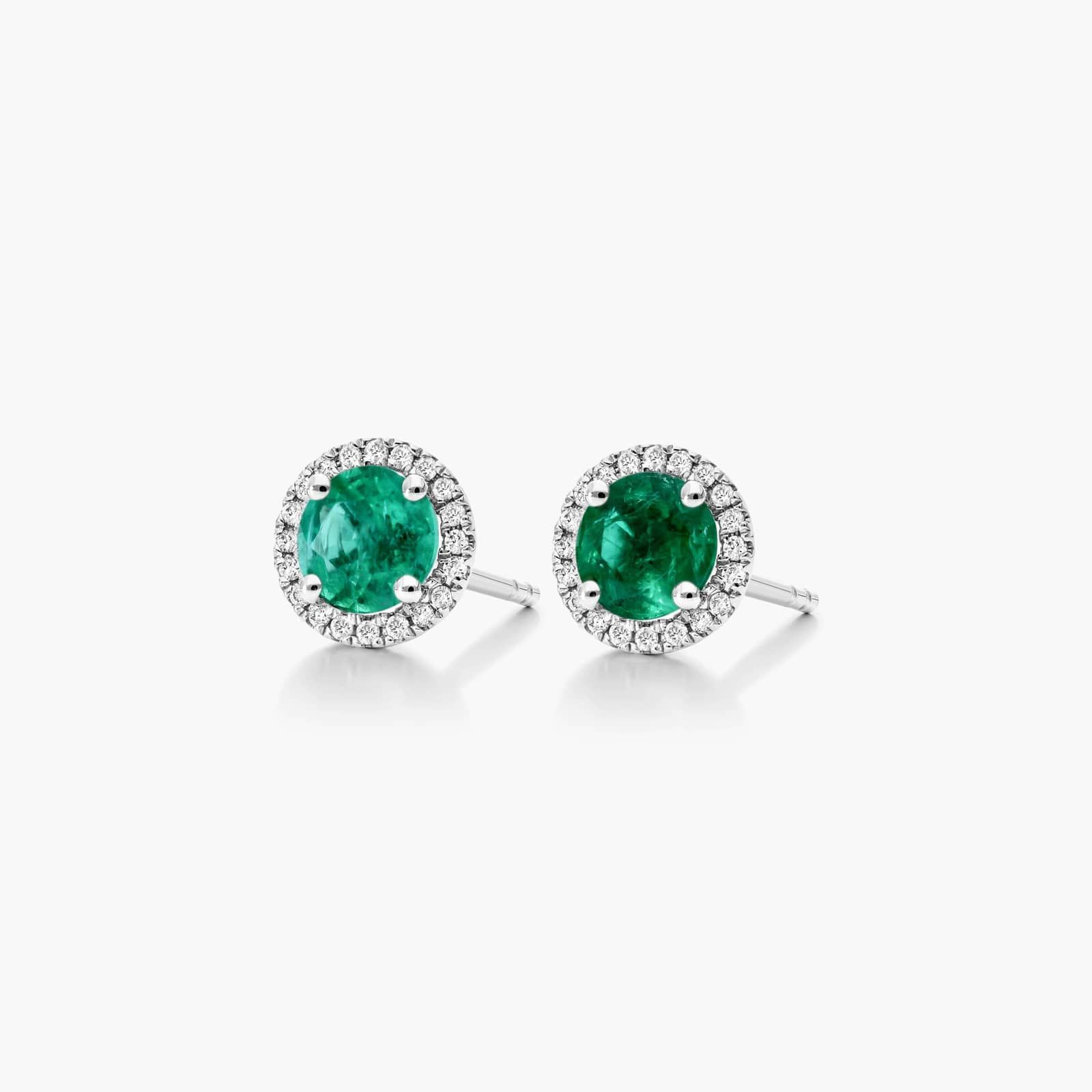 Round Emerald And Diamond Halo Earrings In 18K White Gold By James Allen