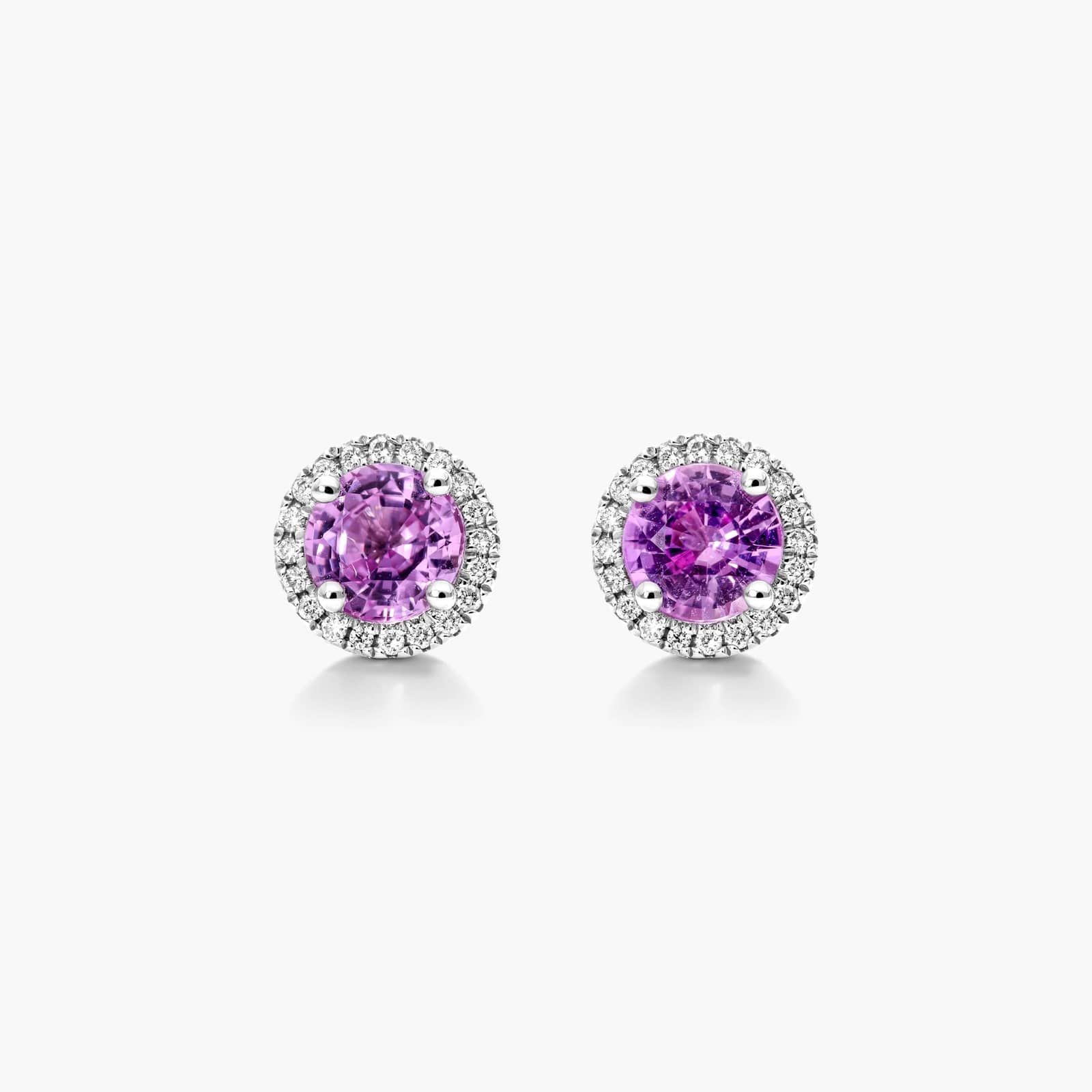 Round Pink Sapphire And Diamond Halo Earrings In 18K White Gold By James Allen