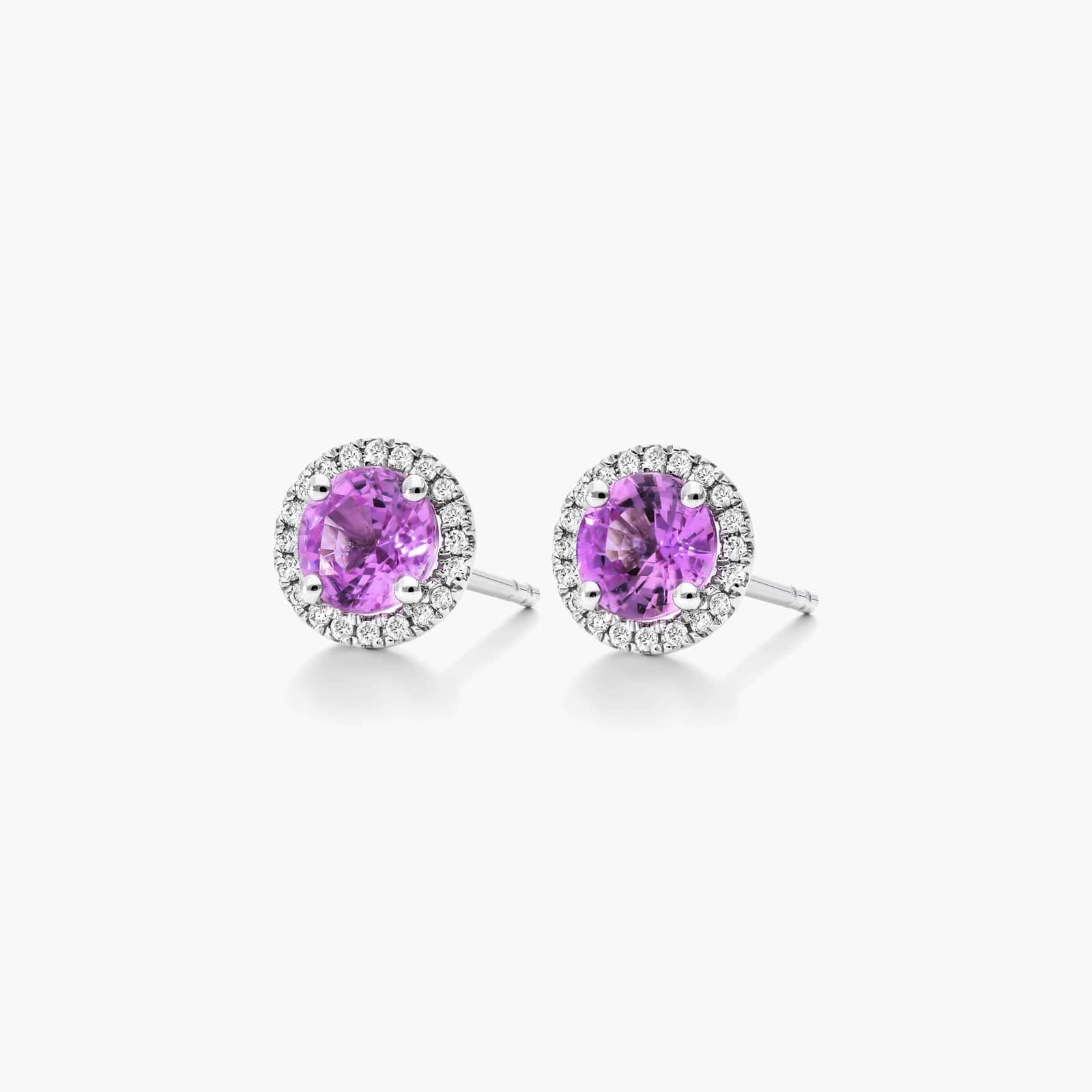 Round Pink Sapphire And Diamond Halo Earrings In 18K White Gold By James Allen