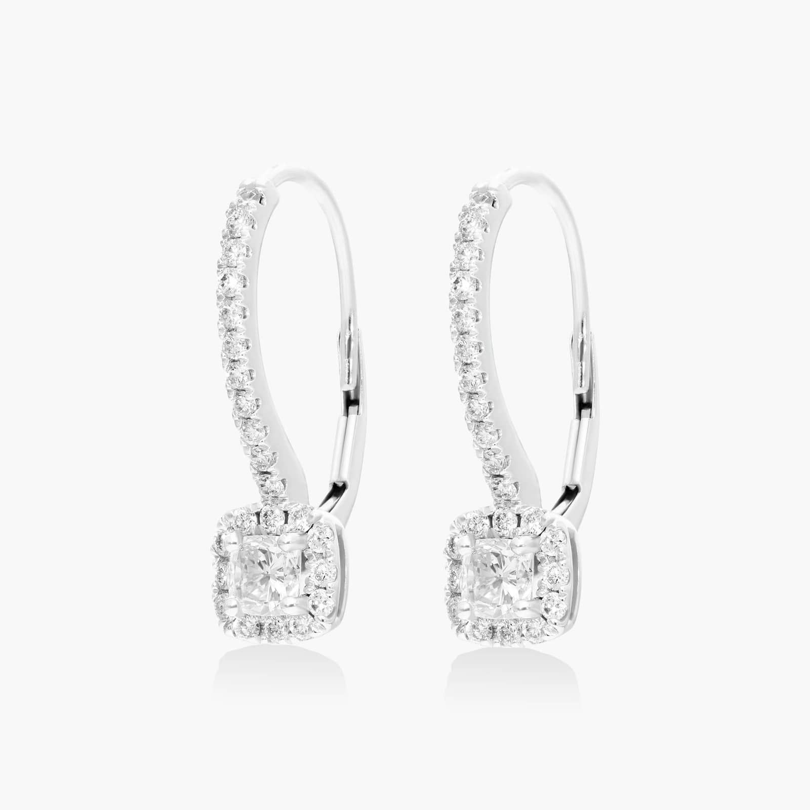 Diamond Halo Leverback Earrings With Cushion Cut Diamonds In 18K White Gold By James Allen