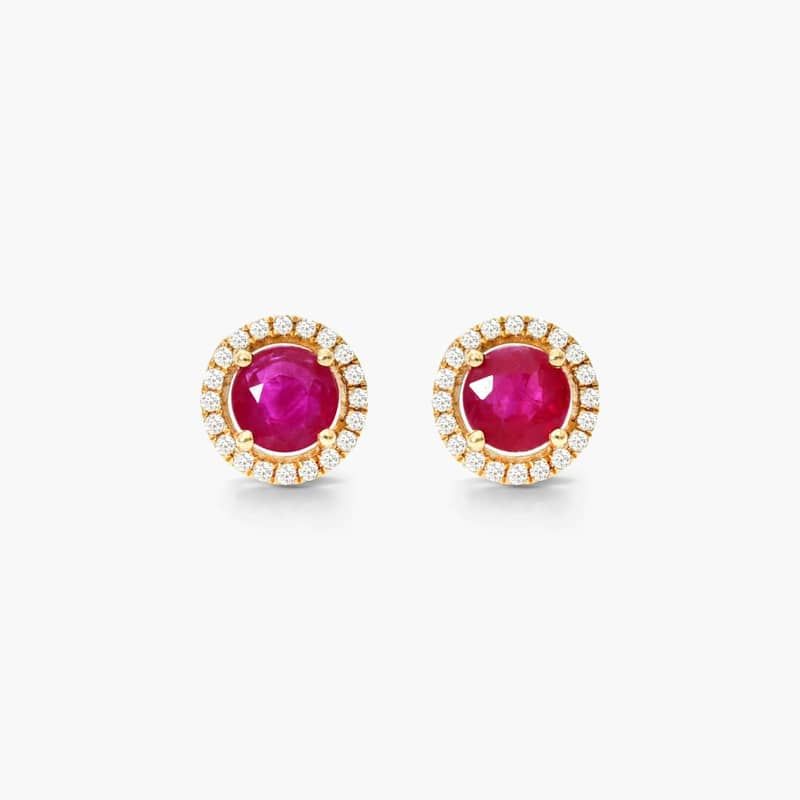 Round Ruby And Diamond Halo Stud Earrings In 14K Yellow Gold By James Allen