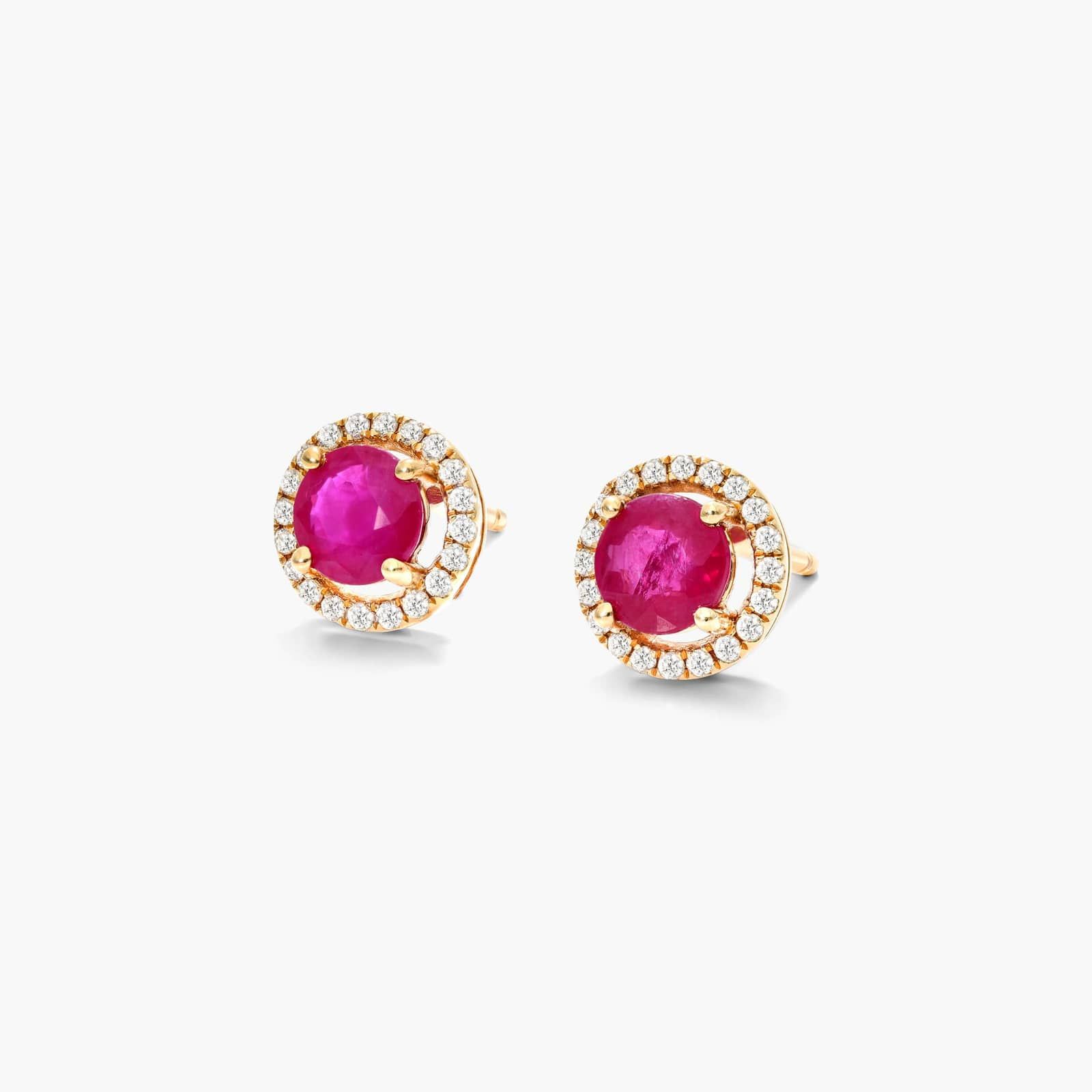 Round Ruby And Diamond Halo Stud Earrings In 14K Yellow Gold By James Allen