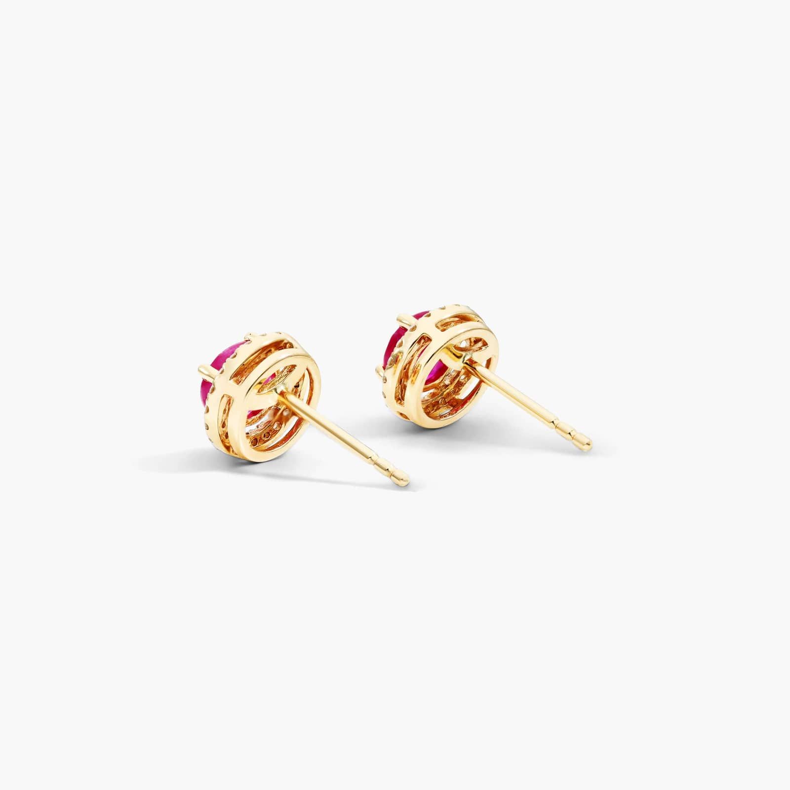 Round Ruby And Diamond Halo Stud Earrings In 14K Yellow Gold By James Allen