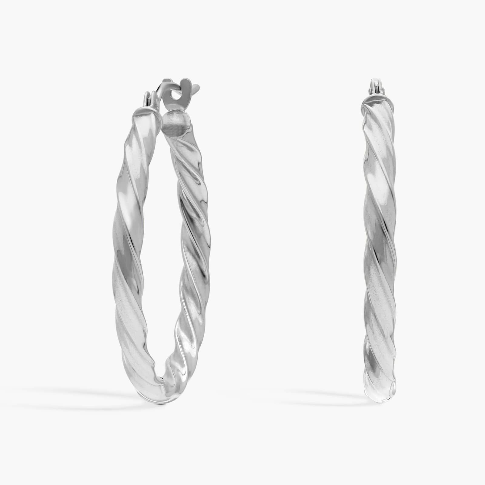 Round Twist Hoop Earrings (2x25mm) in 14K White Gold