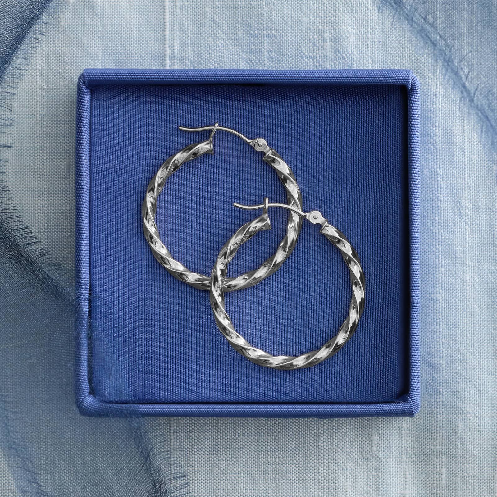 Round Twist Hoop Earrings (2x25mm) in 14K White Gold