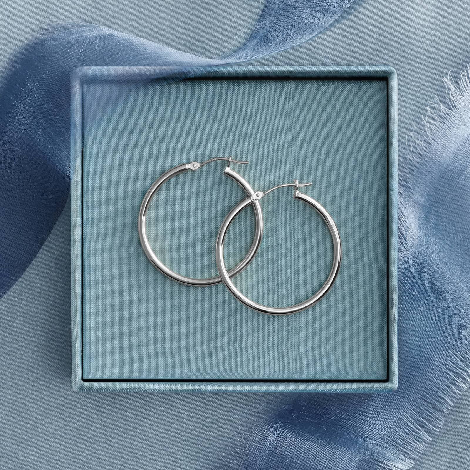 Round Hoop Earrings (2x30mm) in 14K White Gold